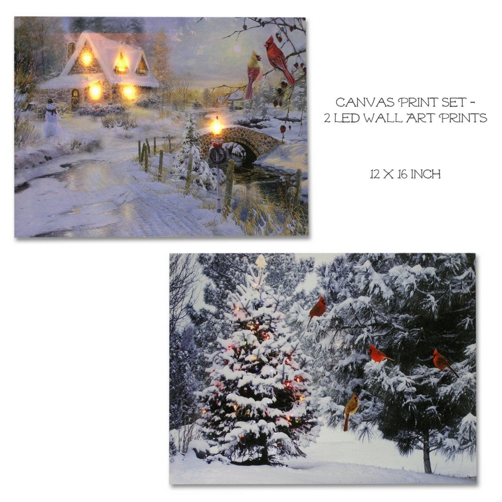 BANBERRY DESIGNS Lighted Holiday LED Wall Art - LED Cottage Along a Stream Christmas Scene with Cardinals and Snowman - Set of 2 - Old Fashioned Cobblestone Bridge - Measures 11.75" x15.75"