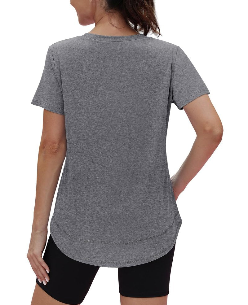 Summer Tops for Women 2026 Short Sleeve Workout Clothes Athletic Shirts Pilates Outfits Camisetas Deportivas para Mujer Grey L