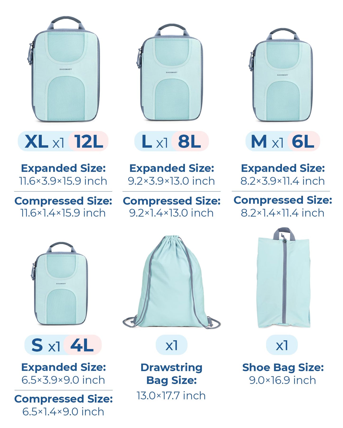 BAGSMART Compression Packing Cubes, 6 Set Packing Cubes for Suitcases, Lightweight Suitcases Organizers Bag Set & Compression Travel Cubes, Travel Essentials Packing Organizers Sky Blue