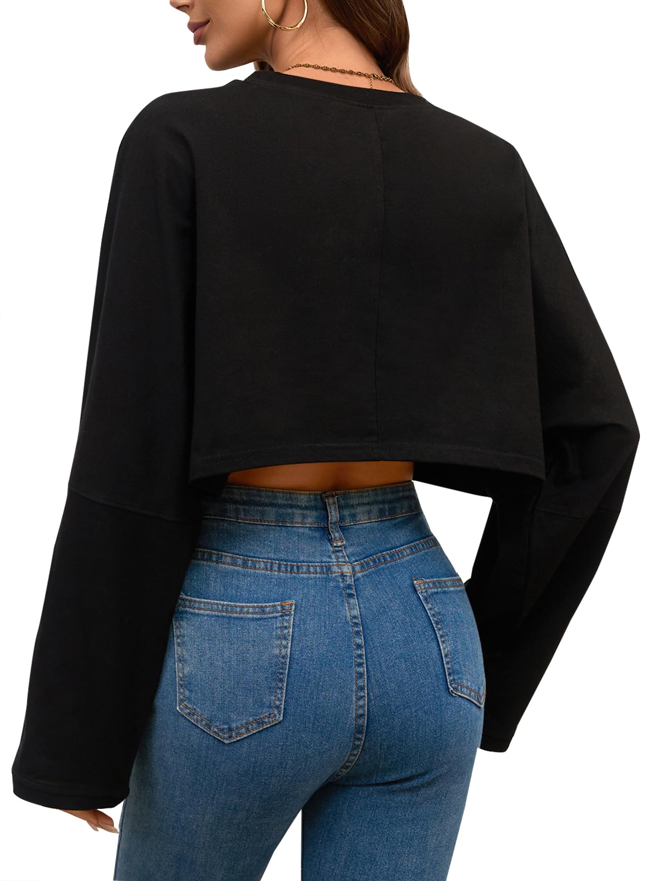 Remidoo Women's Casual Graphic Cropped Sweatshirt Long Sleeve Crop Top Crewneck Pullover Shirt Skeleton Black Large