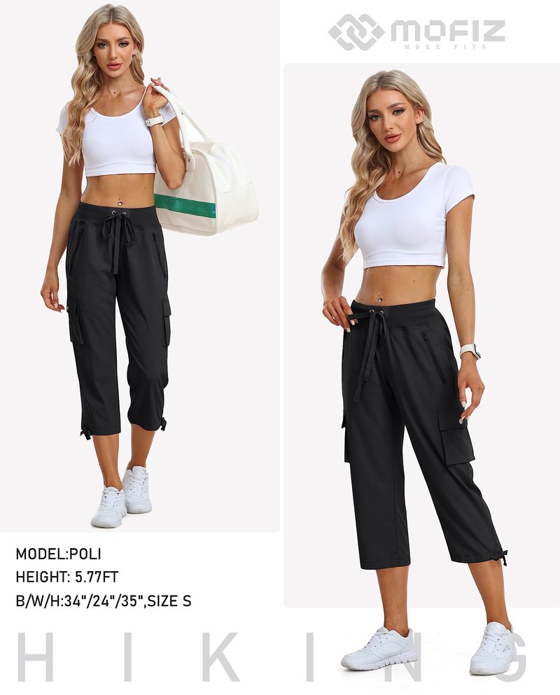 MoFiz Women's Cargo Capris Pants Loose Fit Casual Hiking Pants Lightweight Quick Dry Travel Summer Pants for Women Black XL