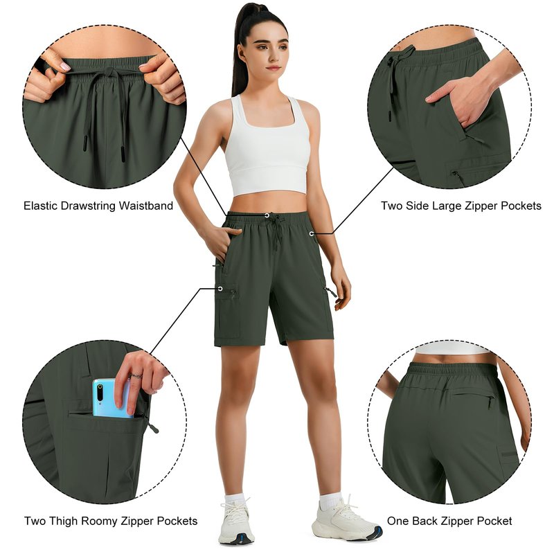 Hugut Women's Lightweight Hiking Cargo Shorts Quick Dry Athletic Shorts Camping Travel Golf Zipper Pockets Water Resistant Army Green