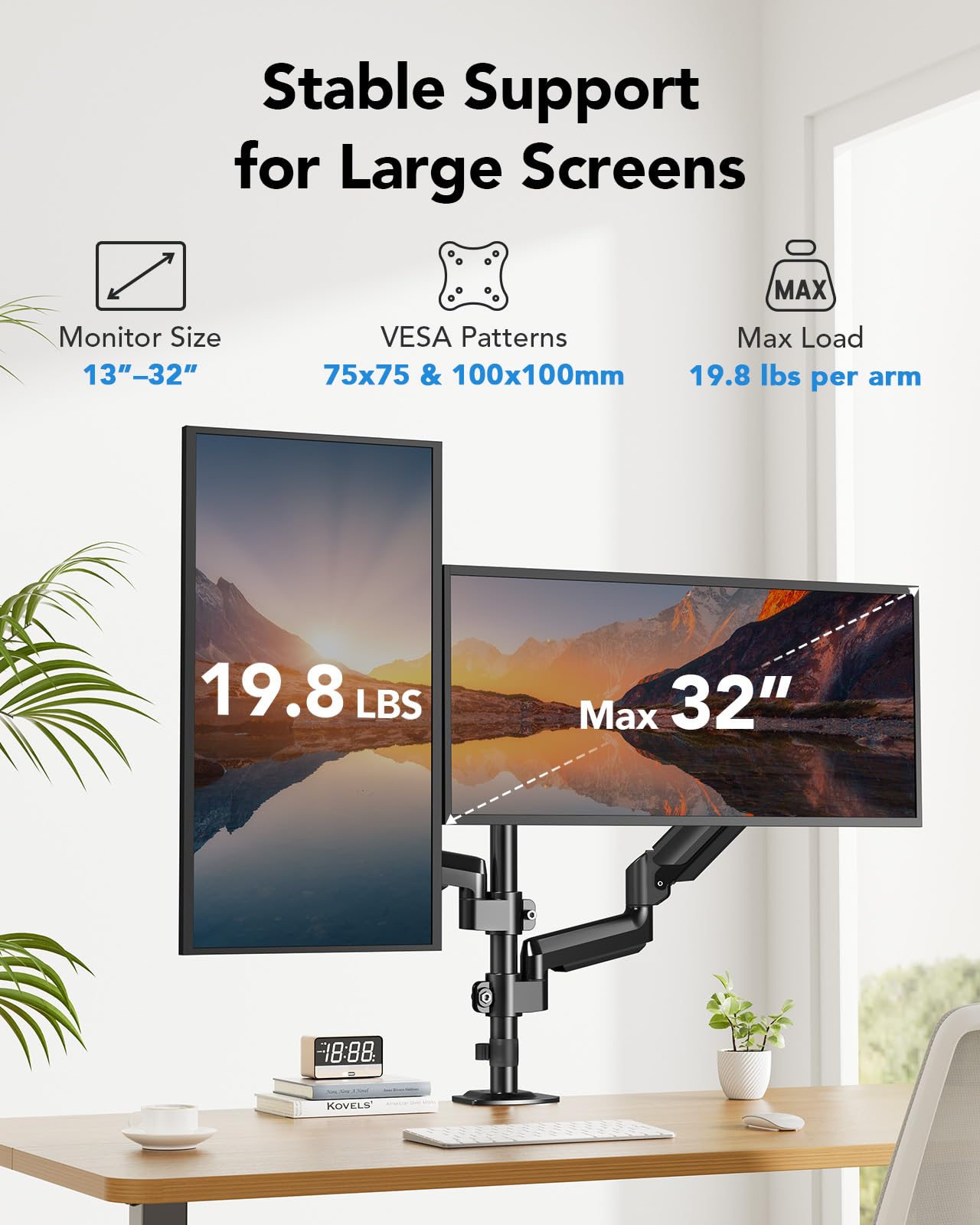 HUANUO Dual Monitor Mount up to 32 inches Screens, Taller Monitor Stand Hold 19.8lbs, Dual Monitor Arm Desk Mount Easy Adjustable with Tilt, Swivel, Rotation, VESA 75/100mm