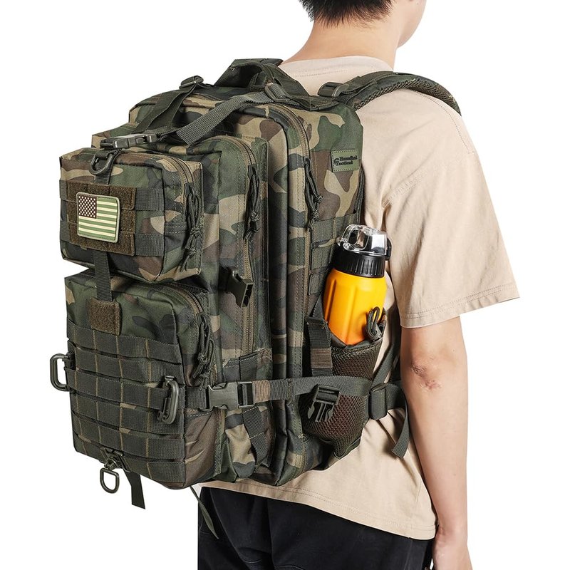 Hannibal Tactical 45L MOLLE Assault Backpack, Tactical Backpack Military Army Camping Rucksack with Bottle Holder, 3-Day Pack Trip w/USA Flag Patch, D-Rings, US Woodland