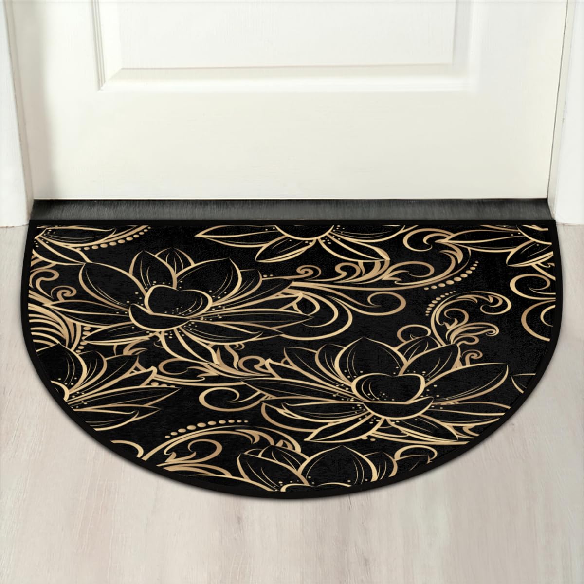 Aglebo Artistic Lotus Flower Half Round Door Mat Non-Slip Half Circle Area Rug 24" x 36" Decor Indoor Entrance Doormat Washable Welcome Mats for Home Bedroom Kitchen Living Room High Traffic Areas