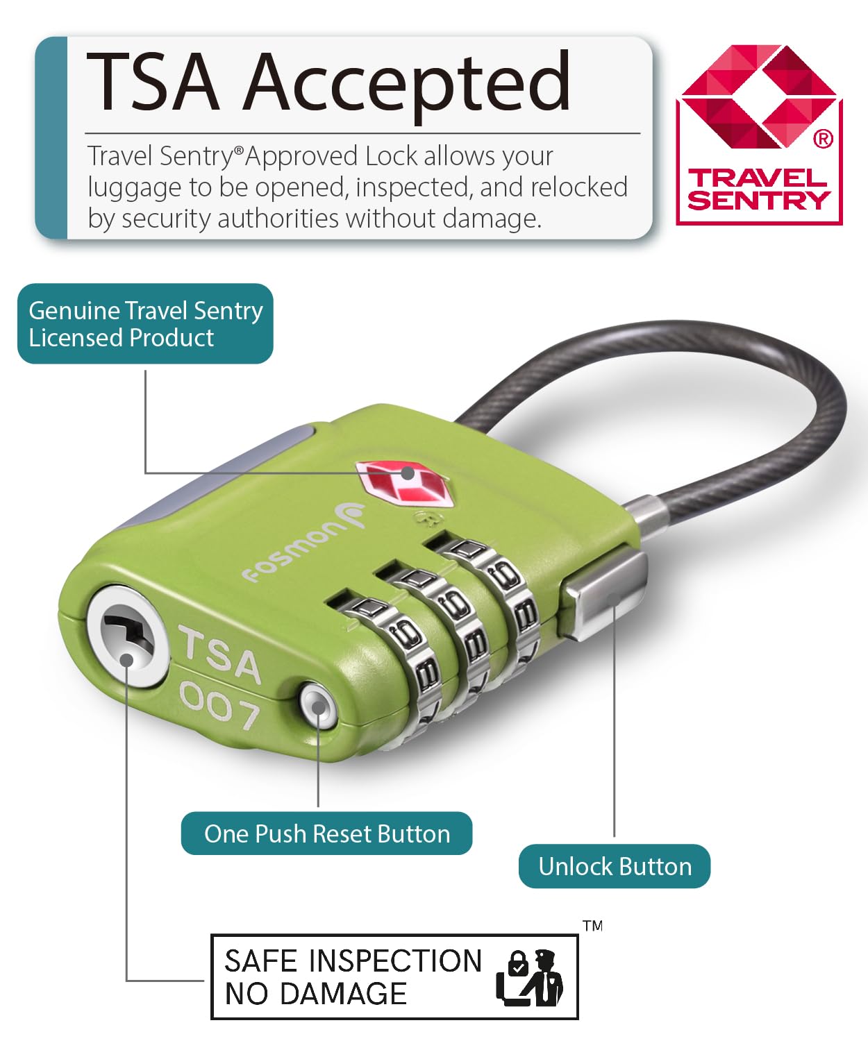Fosmon TSA Approved Luggage Locks, Cable Suitcase Travel Lock, 3 Digit Long Shackle Combination Padlock, Wire Lock for Gym Locker, Backpack Anti Theft