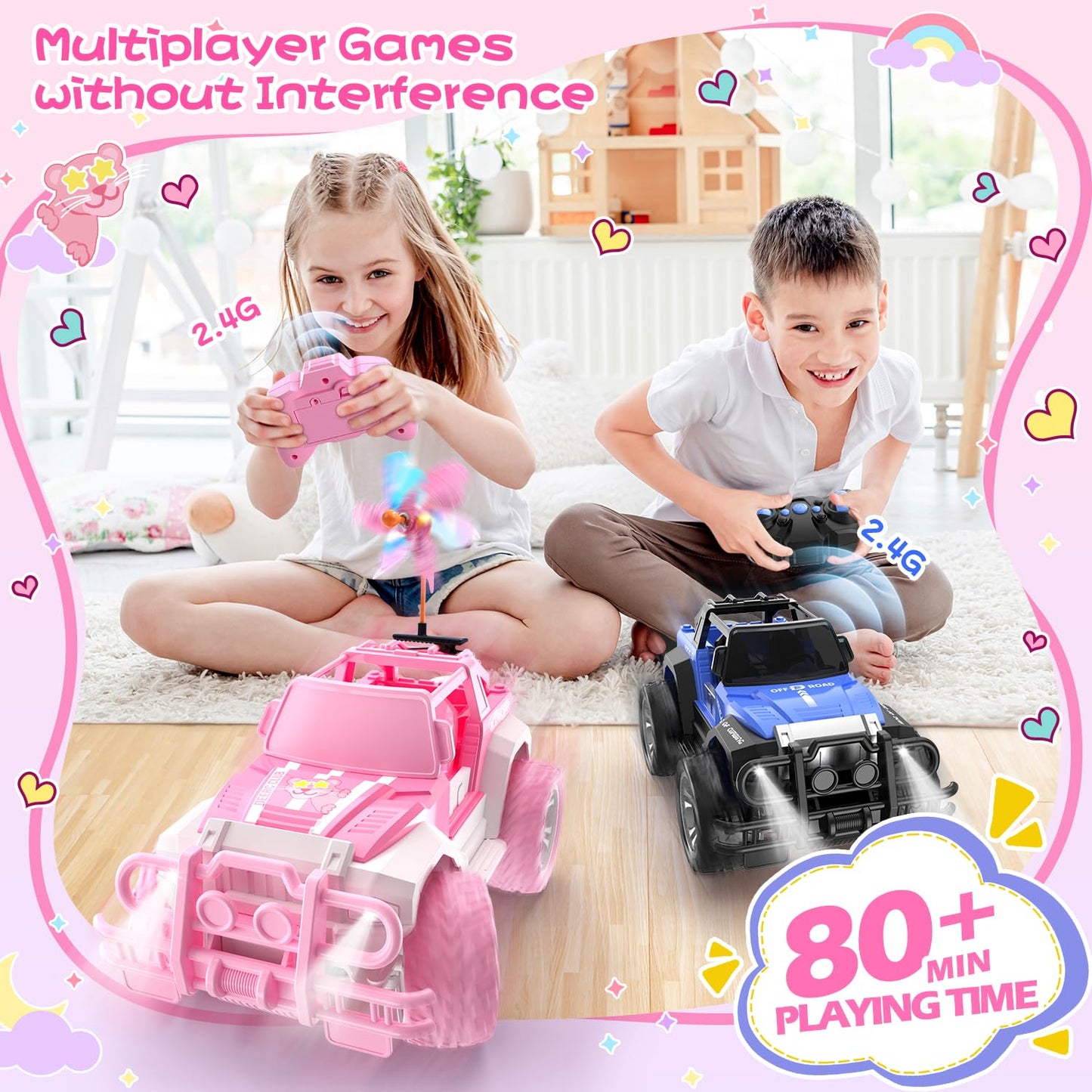 DEERC Remote Control Cars with Windmill, 1:18 Scale Jeep RC Car, 80 Min Playtime LED Light Off-Road Pink Radio Monster RC Trucks with Auto Mode, Storage Case Toys Car Gifts for Girls Kids 3 4 5 6 7 8