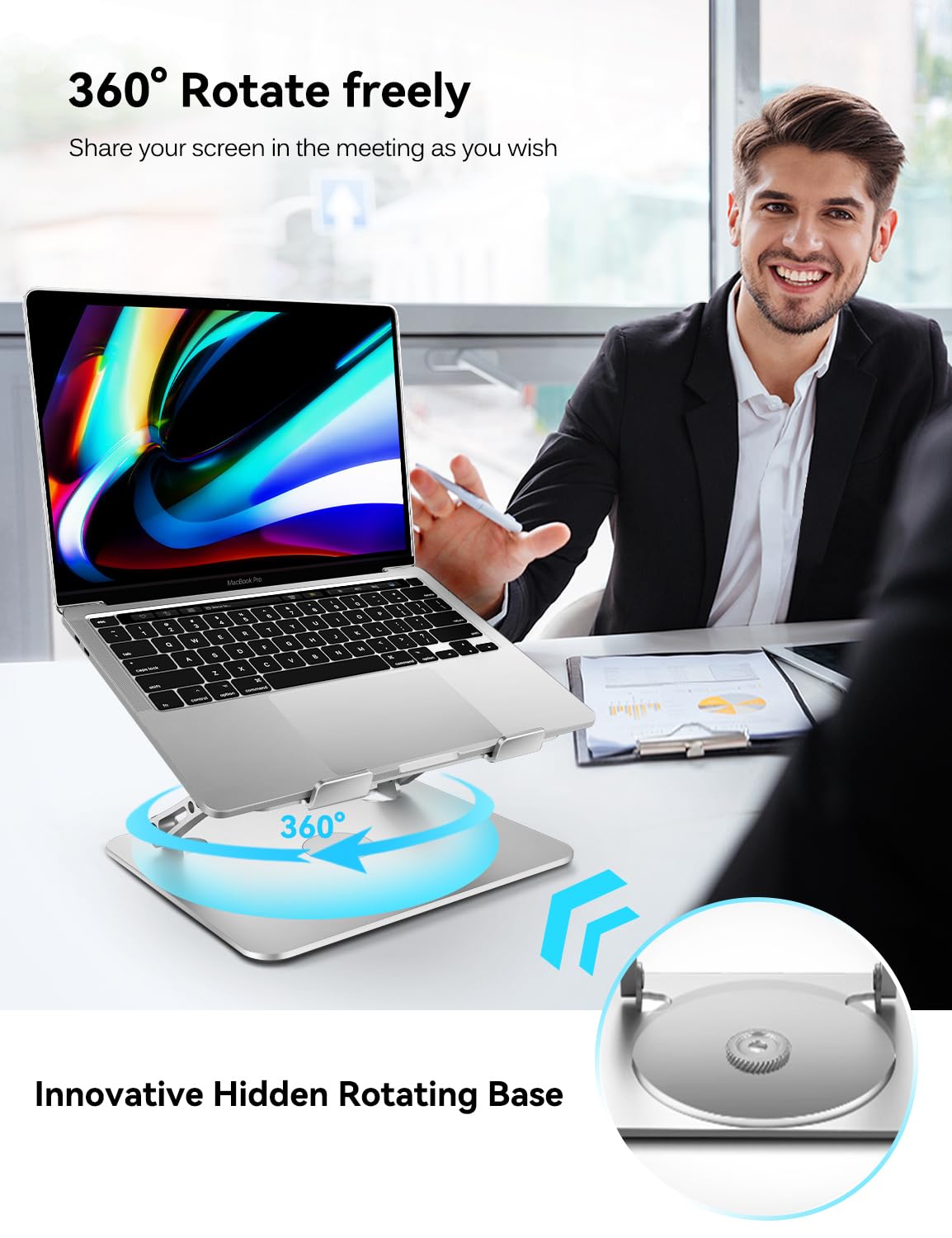 ivoler Adjustable Laptop Stand with 360° Rotating Base, Ergonomic Laptop Stand for Desk, Foldable & Portable Laptop Riser, for Collaborative Work, Fit MacBook Laptops up to 16 inches Silver