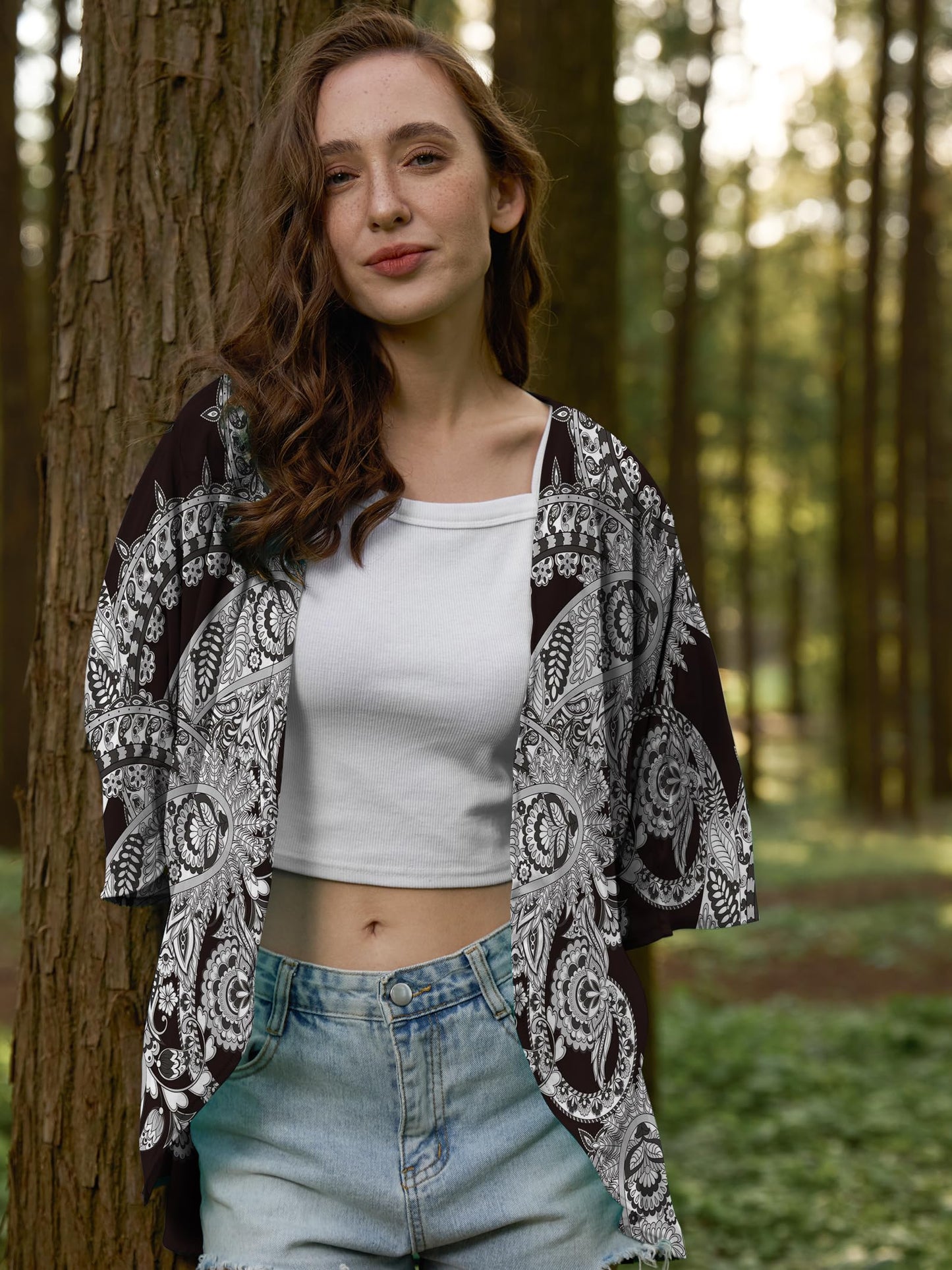Chunoy Women Summer Paisley Short Sleeve Open Front Beach Tops Chiffon Casual Kimono Cardigan Cover Up Black Large