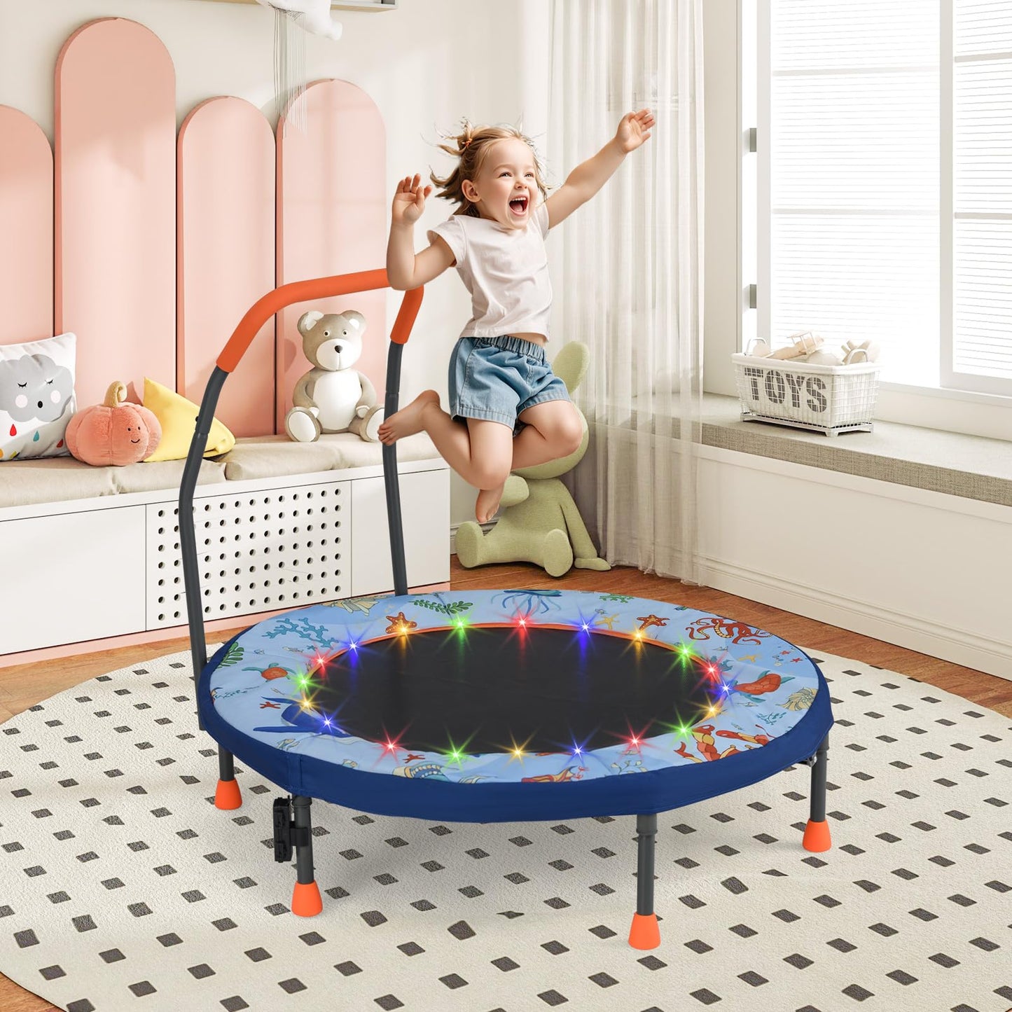 GYMAX 36โ Toddler Trampoline with Lights, Folding Springless ASTM Approved Small Kids Rebounder with Foam Handle, Safety Padded Cover & Foldable Legs, Mini Indoor Baby Trampolines