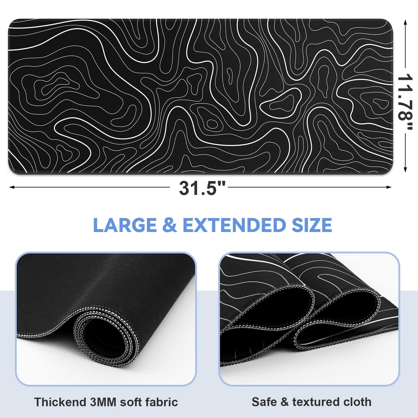DIGSOM Mouse Pad Gaming Mousepad 31.5 x 11.8in Large Mouse Pad for Keyboard and Mouse with Anti-Slip Rubber Base, Keyboard Pad XL Mouse Mat for Home and Office(Black with White Topographic Line)