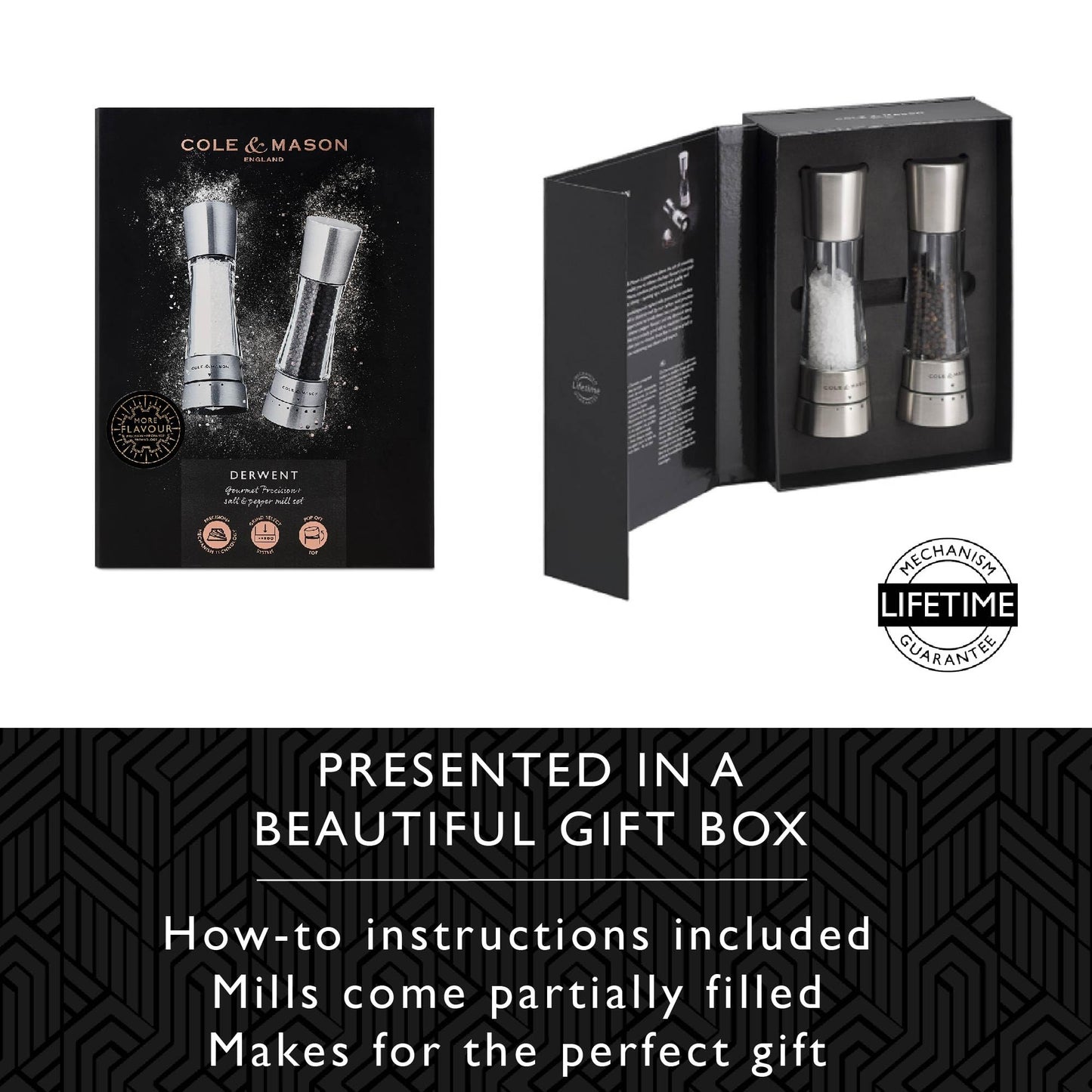 Cole & Mason Derwent Salt and Pepper Mills, Adjustable Grind Settings, Gourmet Precision+, Stainless Steel/Acrylic, 190 mm, Gift Set, Includes 2 x Salt and Pepper Grinders