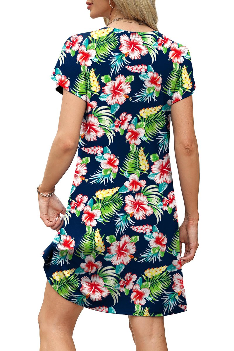 OFEEFAN Hawaiian Dresses for Women Summer Tropical Floral Dress Tshirt Dress Sundresses Beach Vacation Clothes Resort Wear Outfits Print 01 L