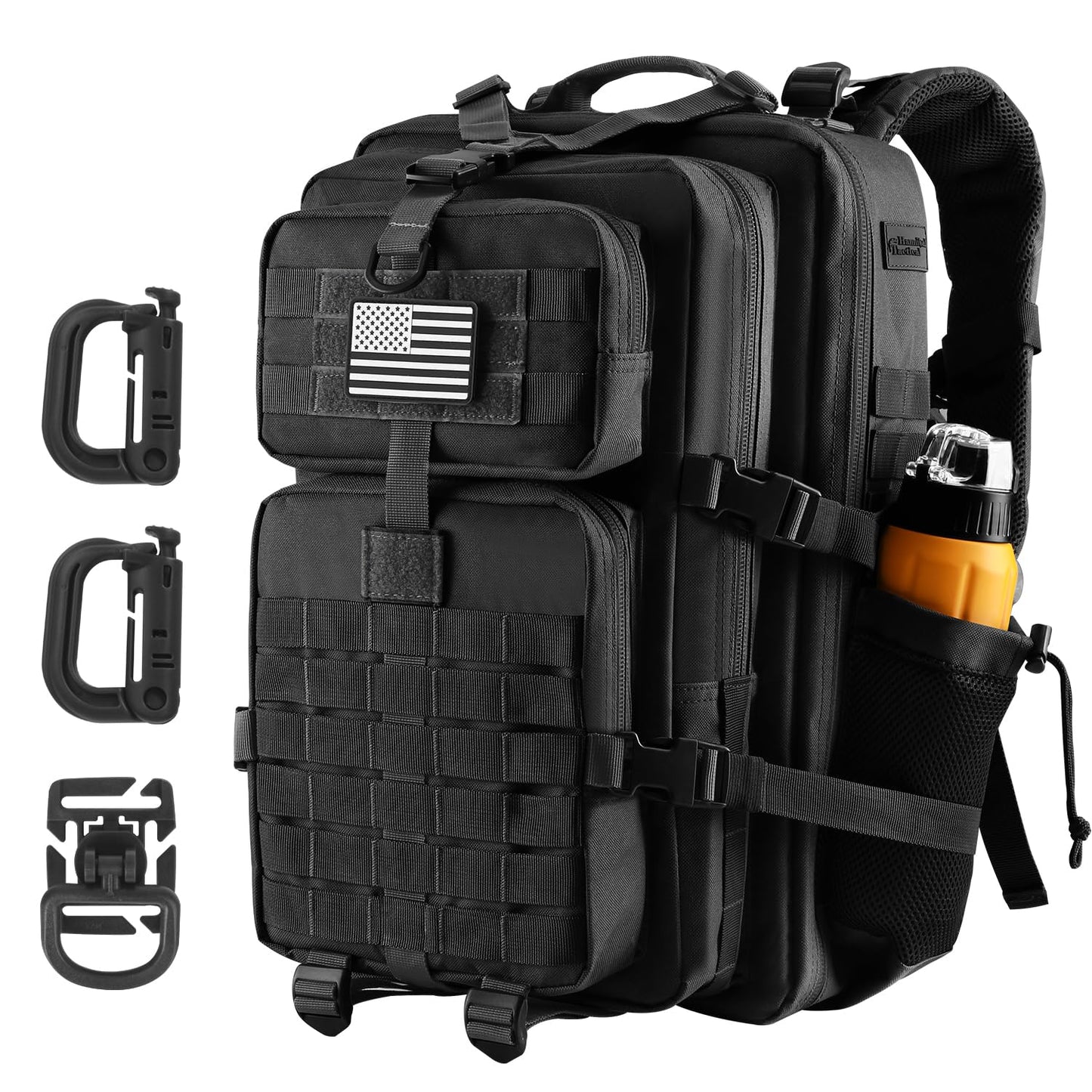 Hannibal Tactical 45L MOLLE Assault Backpack, Tactical Backpack Military Army Camping Rucksack with Bottle Holder, 3-Day Pack Trip w/USA Flag Patch, D-Rings, Black