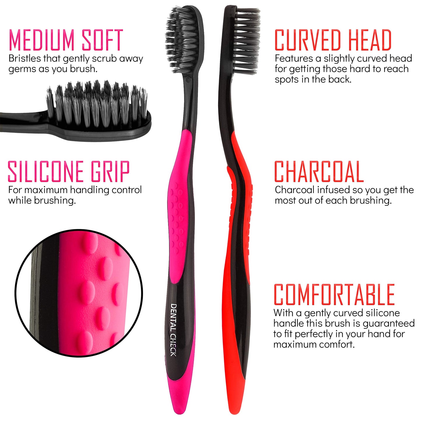 Dental Check 6 Pack Toothbrush, Natural Teeth Whitening Solution, Ultra-Soft Bristles for Dental Care, Angled Bristles for Hard-to-Reach Areas, Clean Away 99% of Plaque & Brighten a Smile (Charcoal)