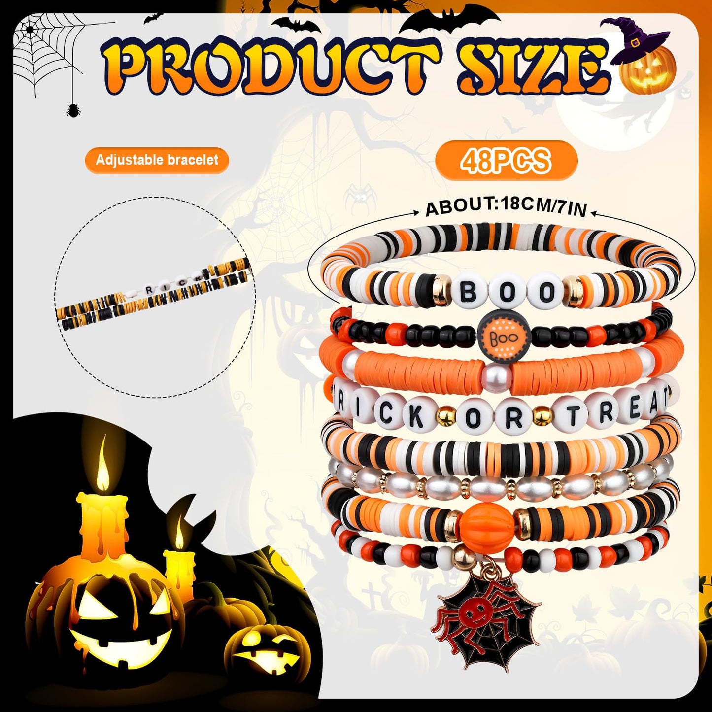 LUYI 48 Pcs Halloween Bracelets for Women Friendship Bracelets Set Colorful Bats Witches Spiders Pumpkins Skulls Beaded Stackable Stretch Clay Bracelets Bulk for Party Jewelry Supplies Holiday Gift