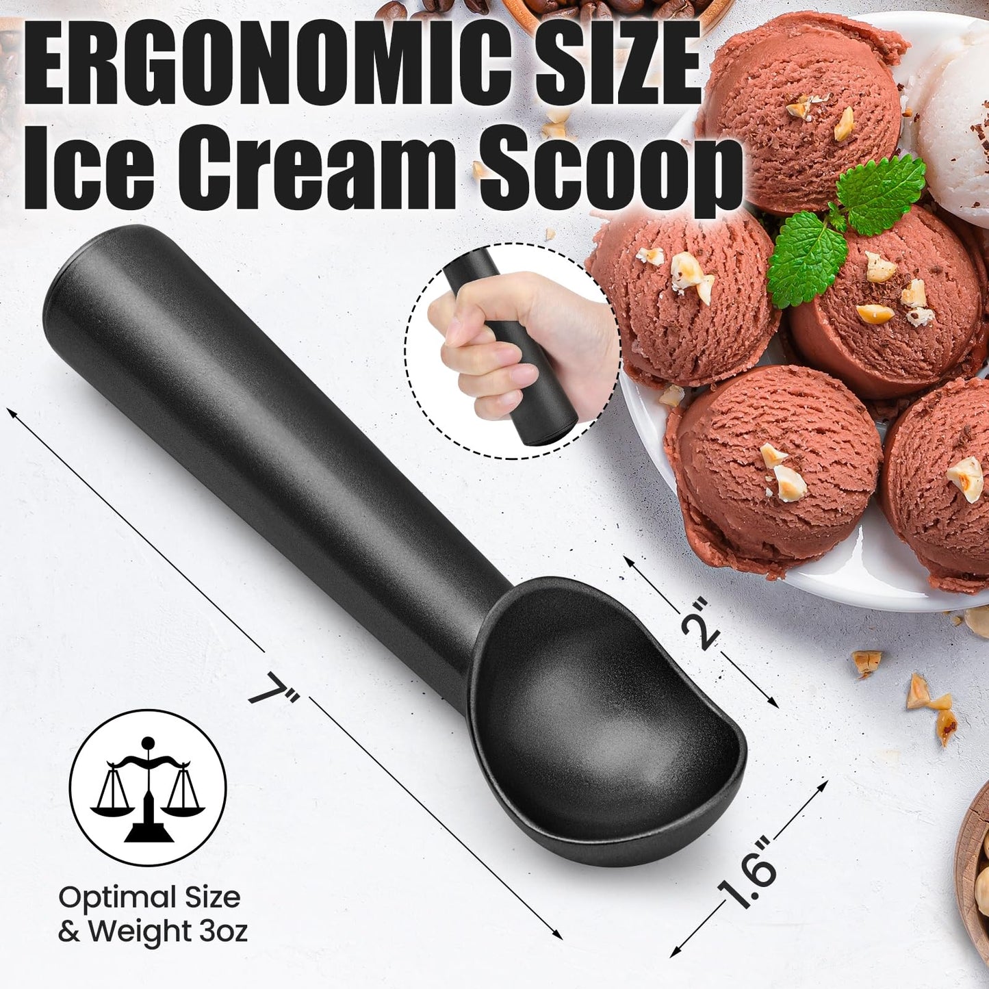 CUNSENR 7 inch Ice Cream Scoop - One-Piece Nonstick Aluminum Ice Cream Scooper - Professional Metal Ice Cream Spoon - Durable, Easy to Use & Clean - Lightweight Cookie Spoon - Scoop Ice Cream (Black)