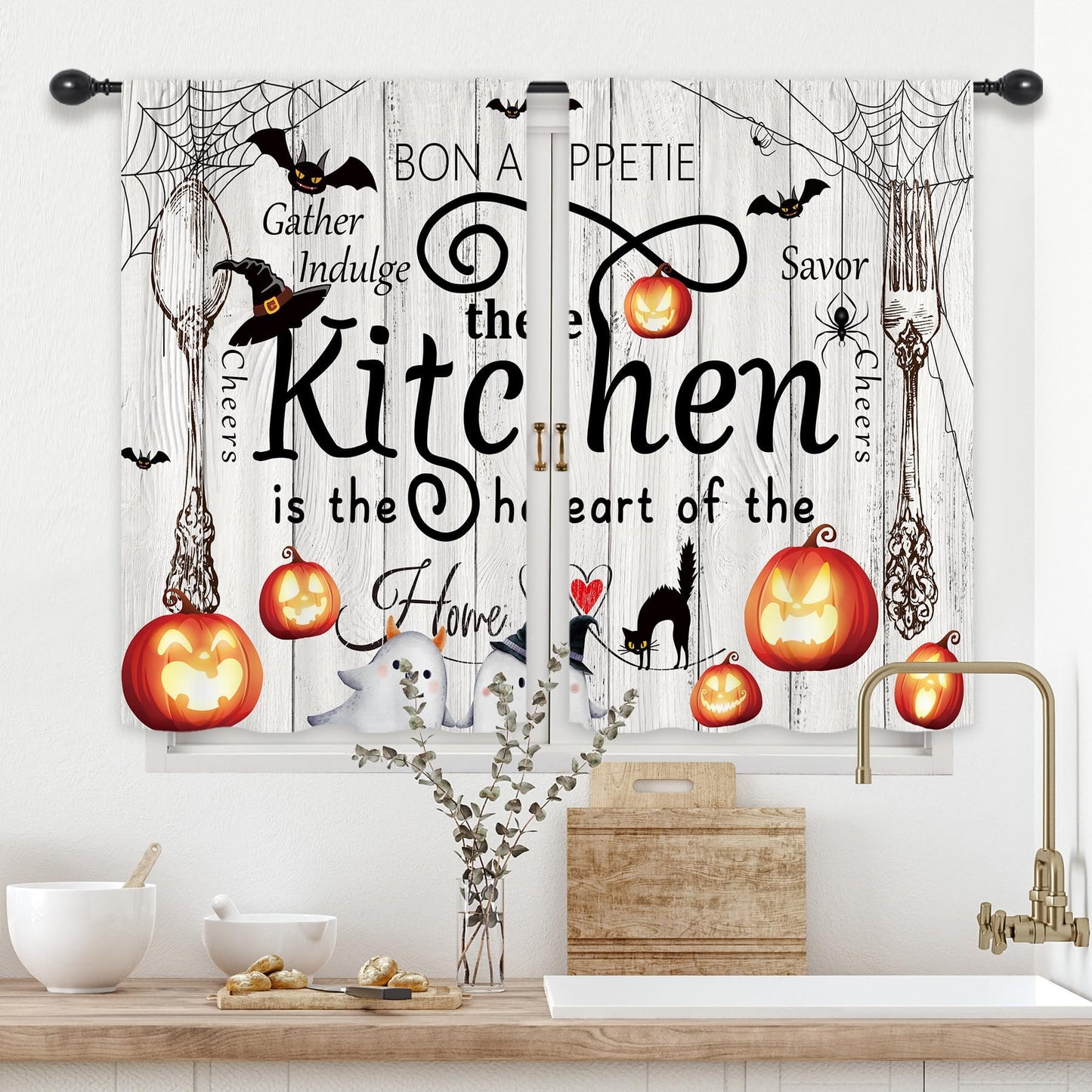 Riyidecor Halloween Rustic Farmhouse Kitchen Curtains Short Small Ghost Pumpkin Bat Spider Web Fork Spoon Rod Pocket Wood Plank Board Cool Bedroom Living Room Treatment Fabric 2 Panels 27.5Wx39H Inch