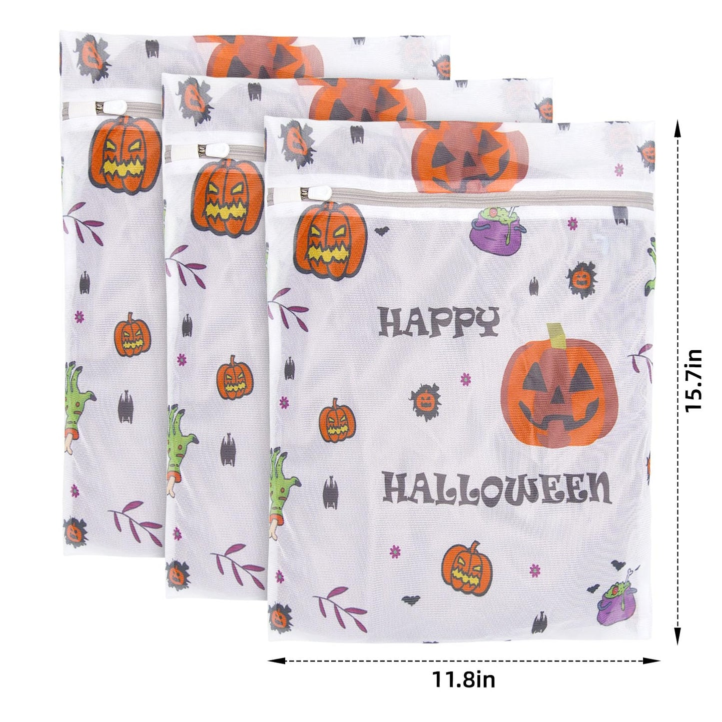 3Pcs Halloween Durable Mesh Laundry Bag, Durable Laundry Bags with Premium Zipper for Indoor Home Decor (Halloween 02)