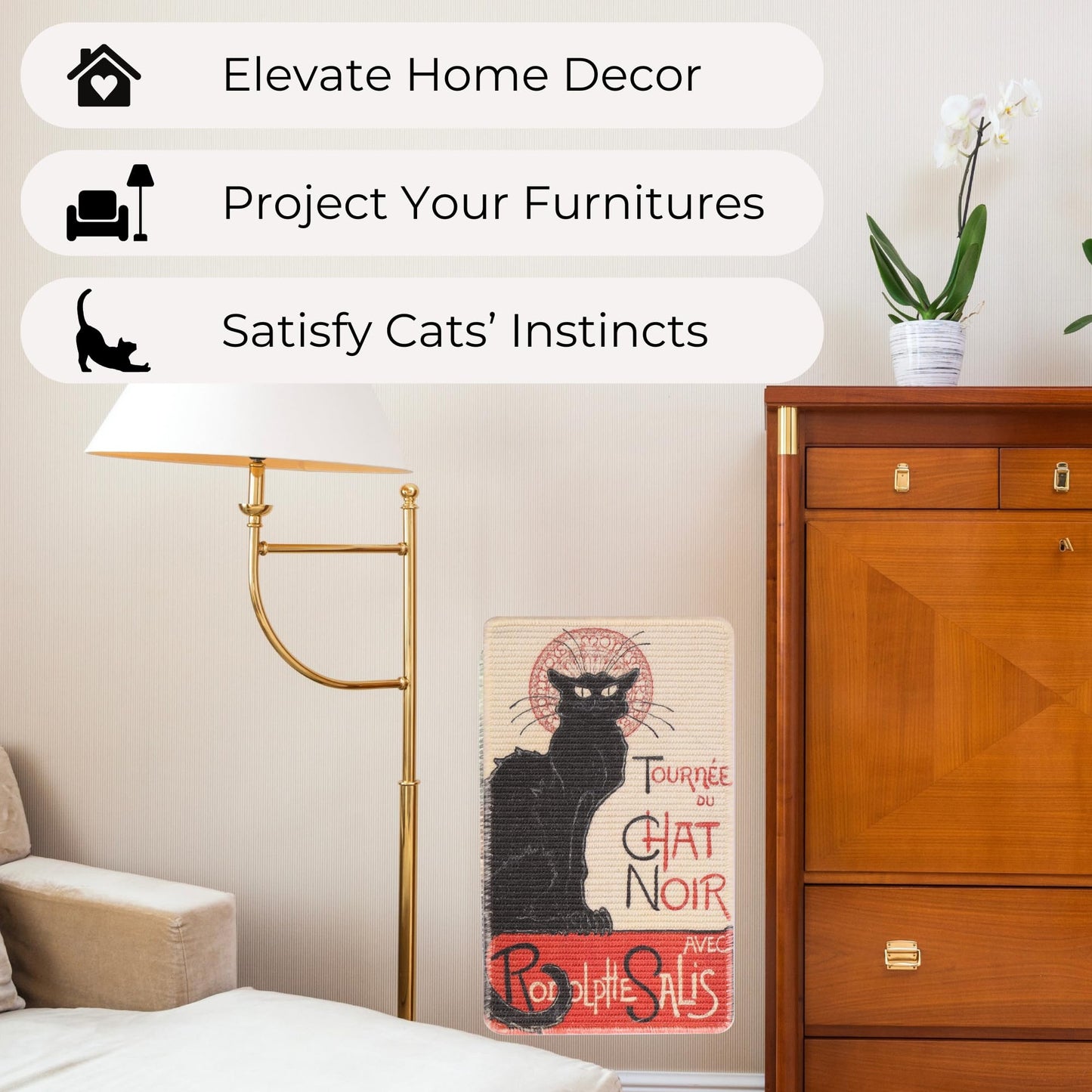 Furrther Sisal Cat Scratcher Mat (Use on Wall, Couch and Carpet), Durable and Shedding-Resistant Cat Scratching Surface - 21.7x13 inch with Adhesives and Twist Pins (The Black Cat Vintage Poster)