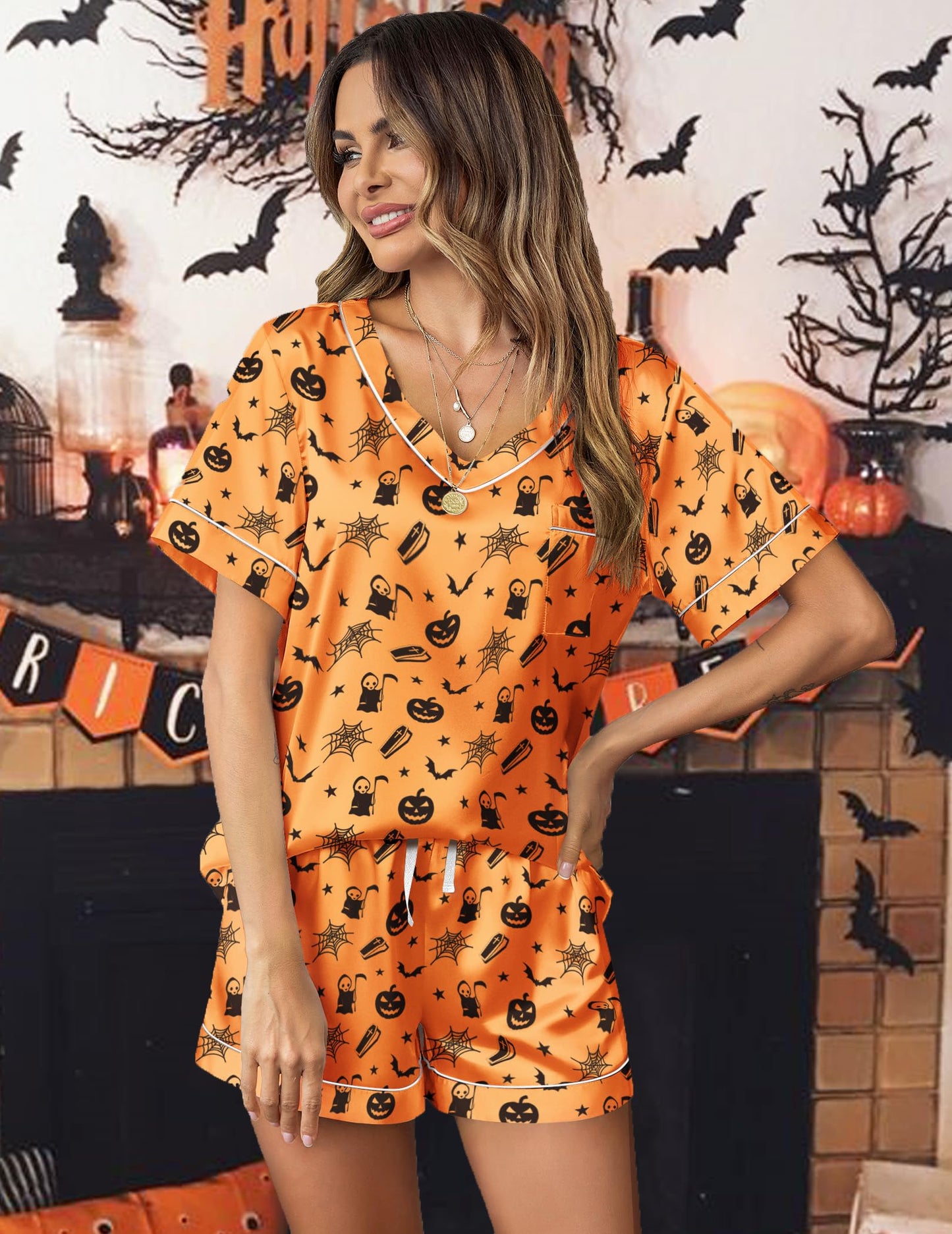 Ekouaer Silk Pajama for Women Short Sleeve Satin Pj Set Two Piece Soft Sleepwear Loungewear Casual Pjs for Summer Orange Ghost Large