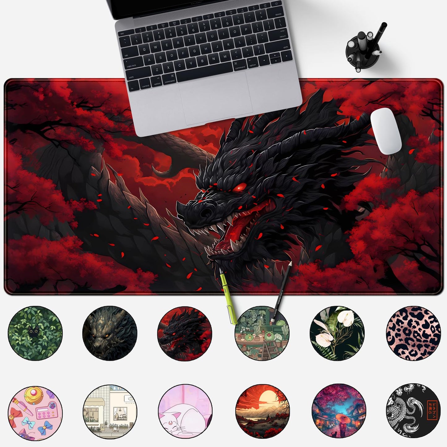 Huge Dragon Large Mouse Pad - Red and Black Mousepad, Big Full Keyboard and Mouse Pad with Stitched Edges, Anti-Slip, Funny Desk Pad, 31.5 X 15.8 in.