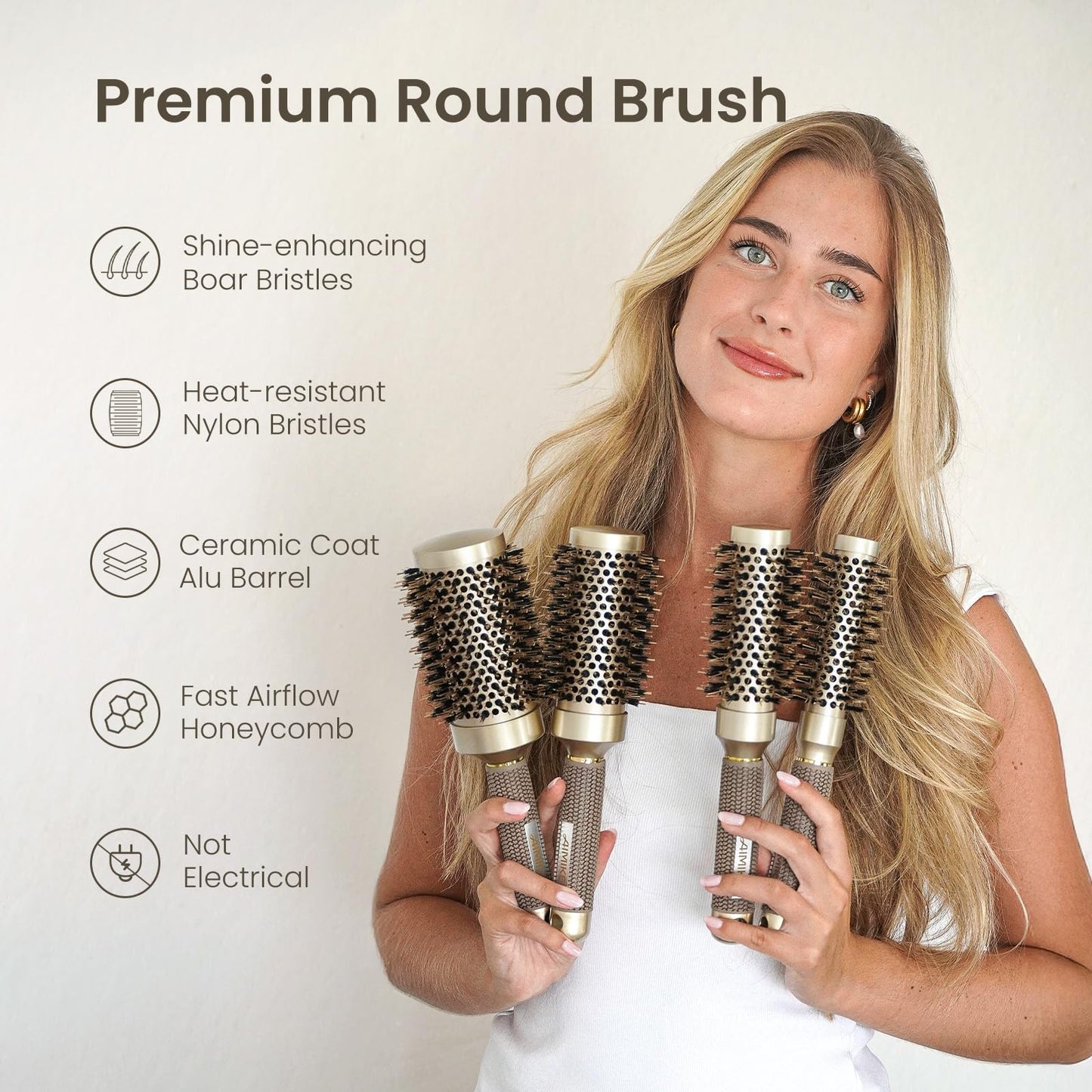 AIMIKE Round Hair Brush, Nano Thermal Ceramic & Ionic Tech Round Brush, RoundBrushes for Blow Drying with Boar Bristles, Barrel Brush for Styling, Curling, Add Volume & Shine (74mm, Barrel 43mm)