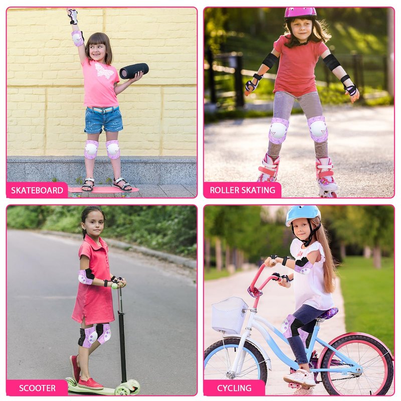 AuSletie Knee Pads for Kids Girls Protective Gear Set Adjustable Knee Pads and Elbow Pads Set with Wrist Guard for Girls Kids Toddler Roller Skates Bike Cycling Skateboard Scooter (Purple Unicorn)