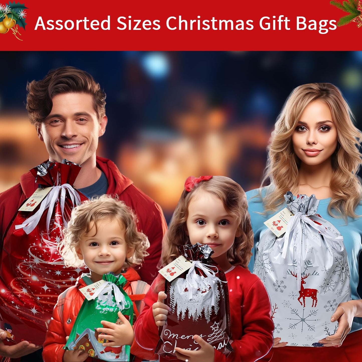 Yunaeduo Drawstring Christmas Gift Bags -20PCS Christmas Bags Assorted Sizes for Presents - Plastic Wrapping Bags Bulk - Xmas Gift Bags, 4 Designs (5 of Each) Extra Large/Big/Medium/Small Sizes