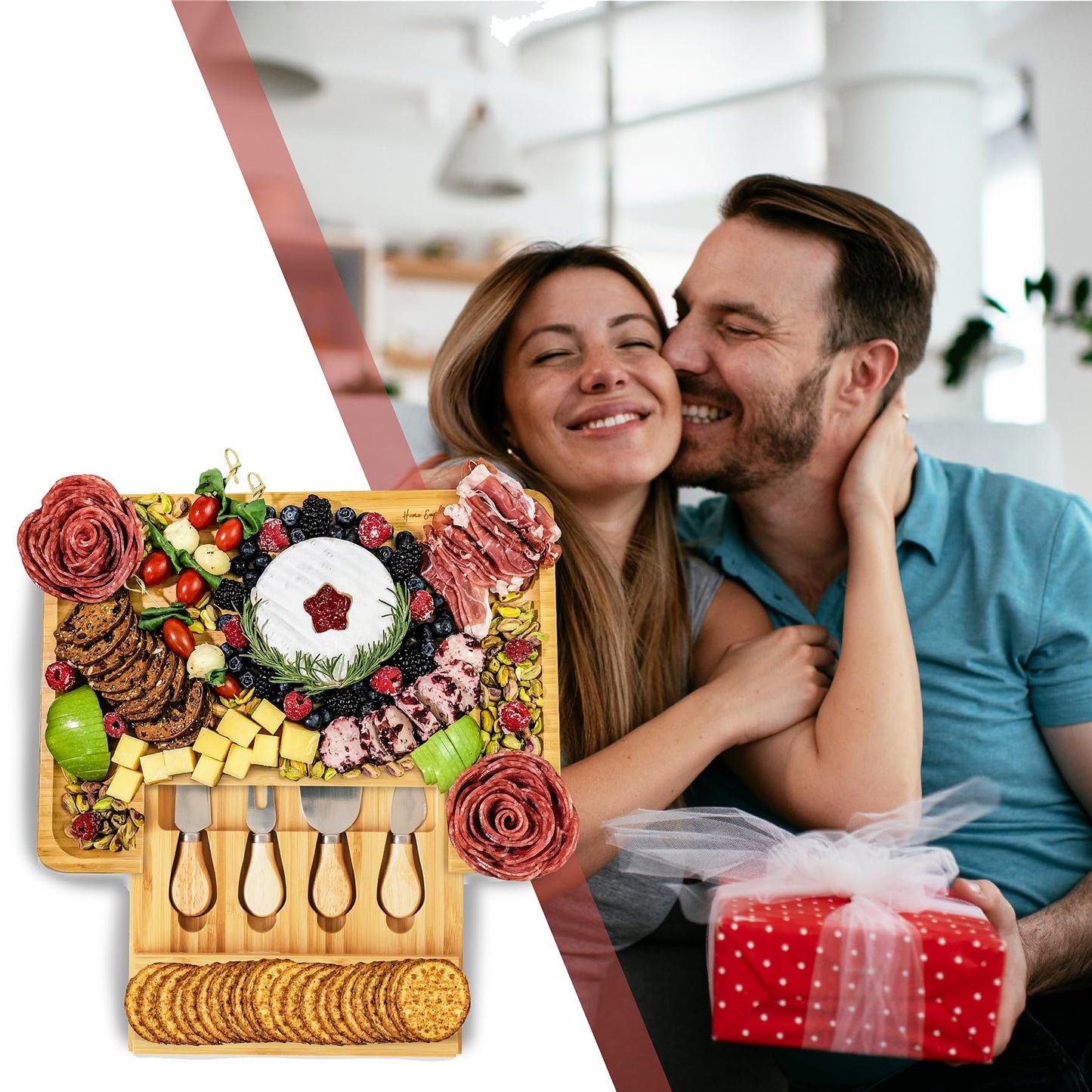 Bamboo Cheese Board and Knife Set - Beautiful Charcuterie Board for Wine, Cheese, and Gifts