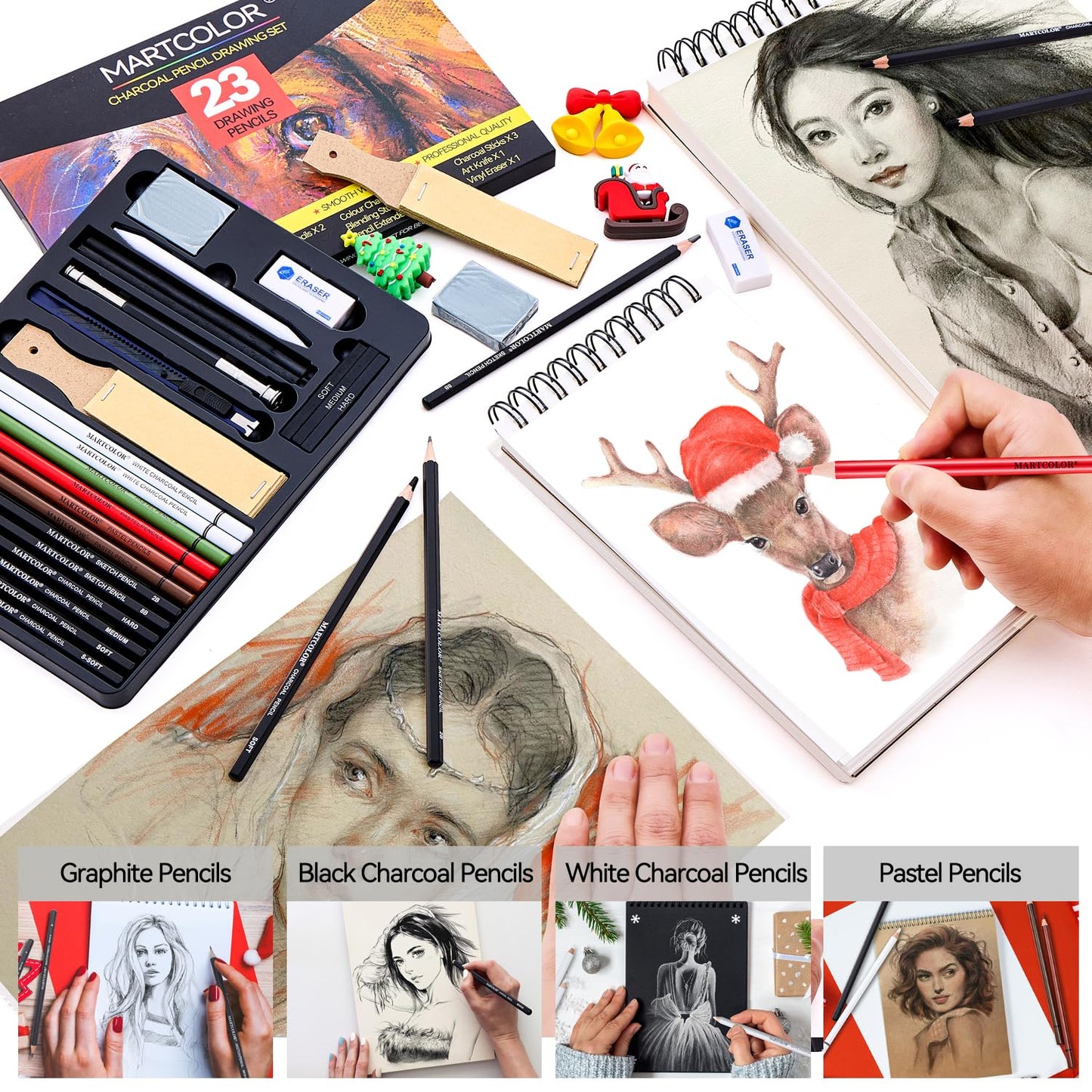 MARTCOLOR Charcoal Drawing Set, Set of 23, Graphite Pencils, Black & White Charcoal Pencils for Drawing, Sketching, Shading, Blending, Artist Pencils for Beginners & Pro Artists 