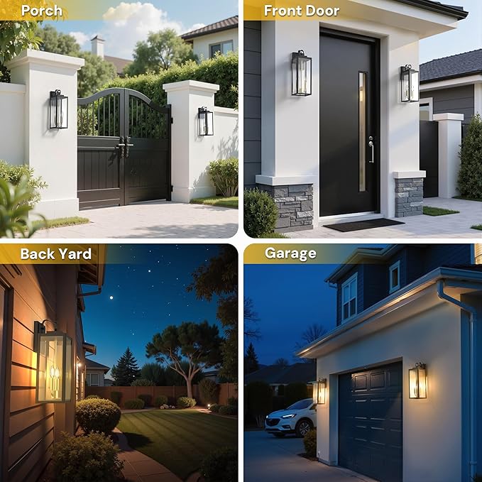 L LOHAS LED 18" Dusk to Dawn Outdoor Wall Lights, 2-Light Black and Gold Outdoor Wall Sconce Lantern with Clear Glass, Tall Transitional Exterior Light Fixtures for Porch, Garage, ETL Listed, 2 Pack