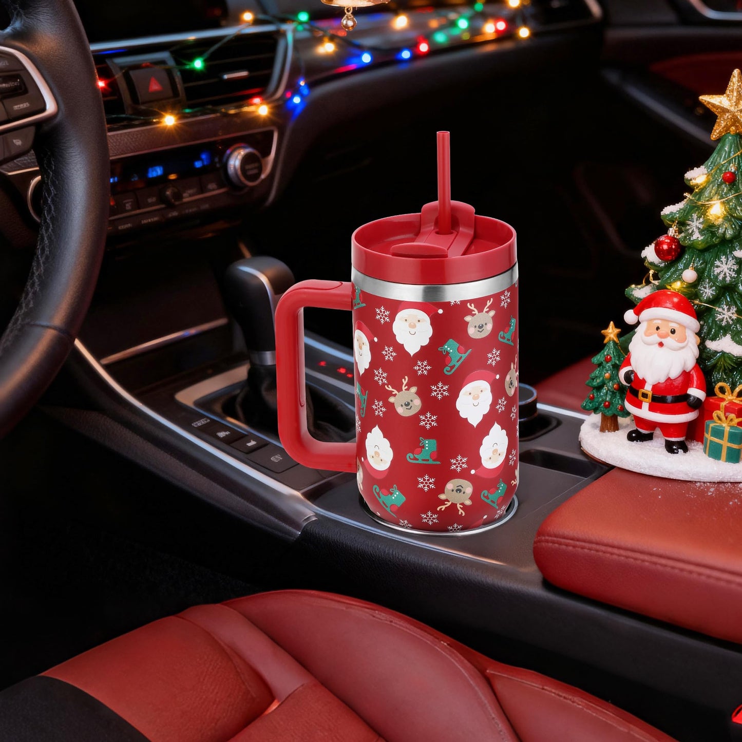 Skywerc Christmas Gifts for Women Mom Daughter, 40 oz Christmas Tumbler with Handle and Straw Lid, Xmas Stainless Steel Insulated Travel Mug, Keep Cold for 34 Hours (Red Santa & Deer)