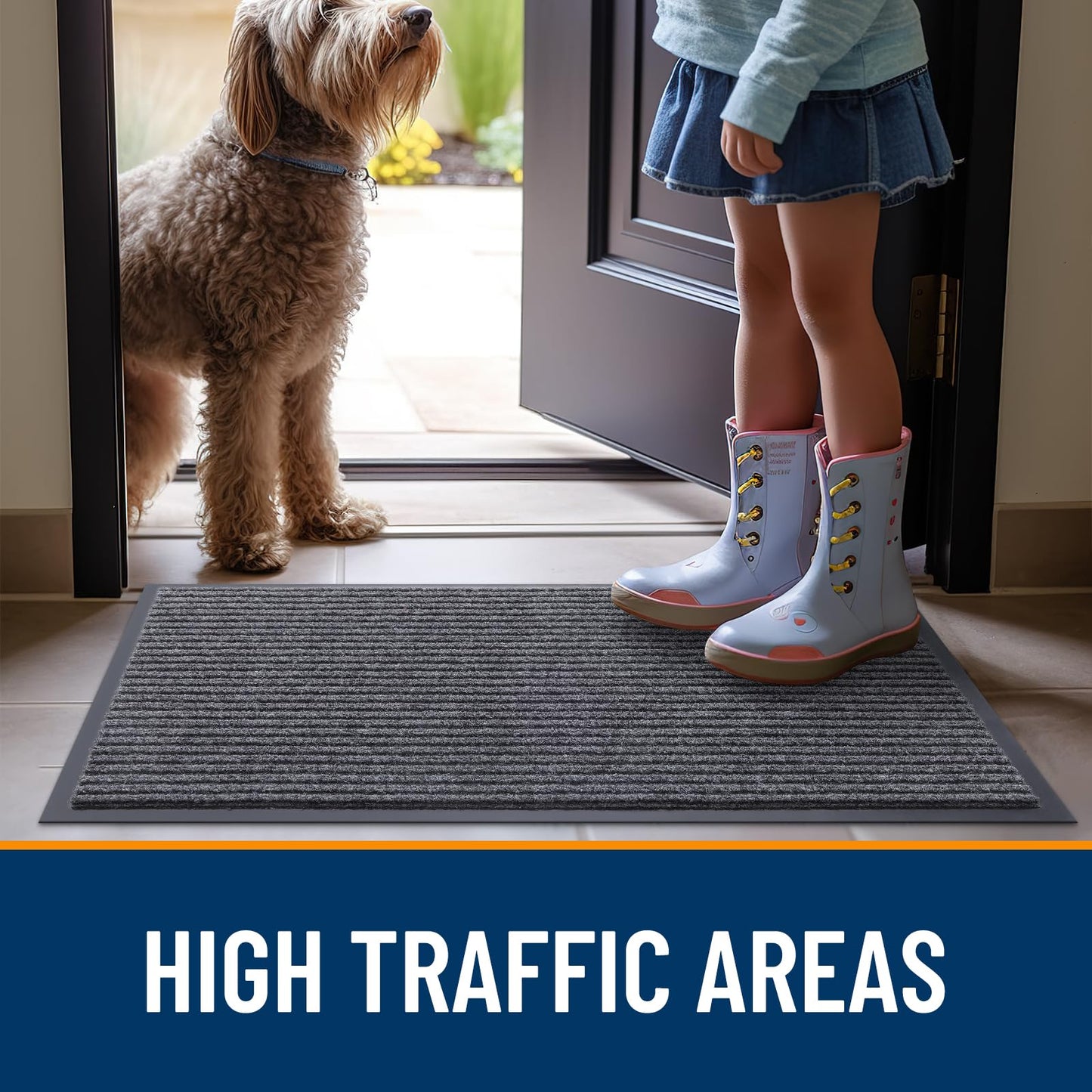 OLANLY Front Door Mat Indoor Outdoor Entrance, 2-Pack 29.5 x 17 Inch, Waterproof Heavy Duty Doormat, Fade Resistant, Low Profile, Easy Clean Patio Porch Welcome Floor Mats for Entry, Grey