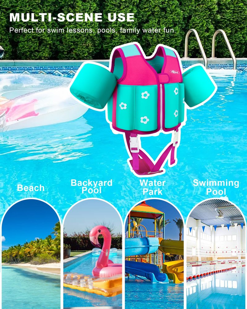 AEOCOO Kids Pool Floaties 1-2-3-5-7-9 Years Old, Toddler Swim Vest 20-30-50-70 Pounds, Comfortable Extended Wear Kids Float Jacket with Crotch Strap, Bright Design and Unpadded Sides, Pink