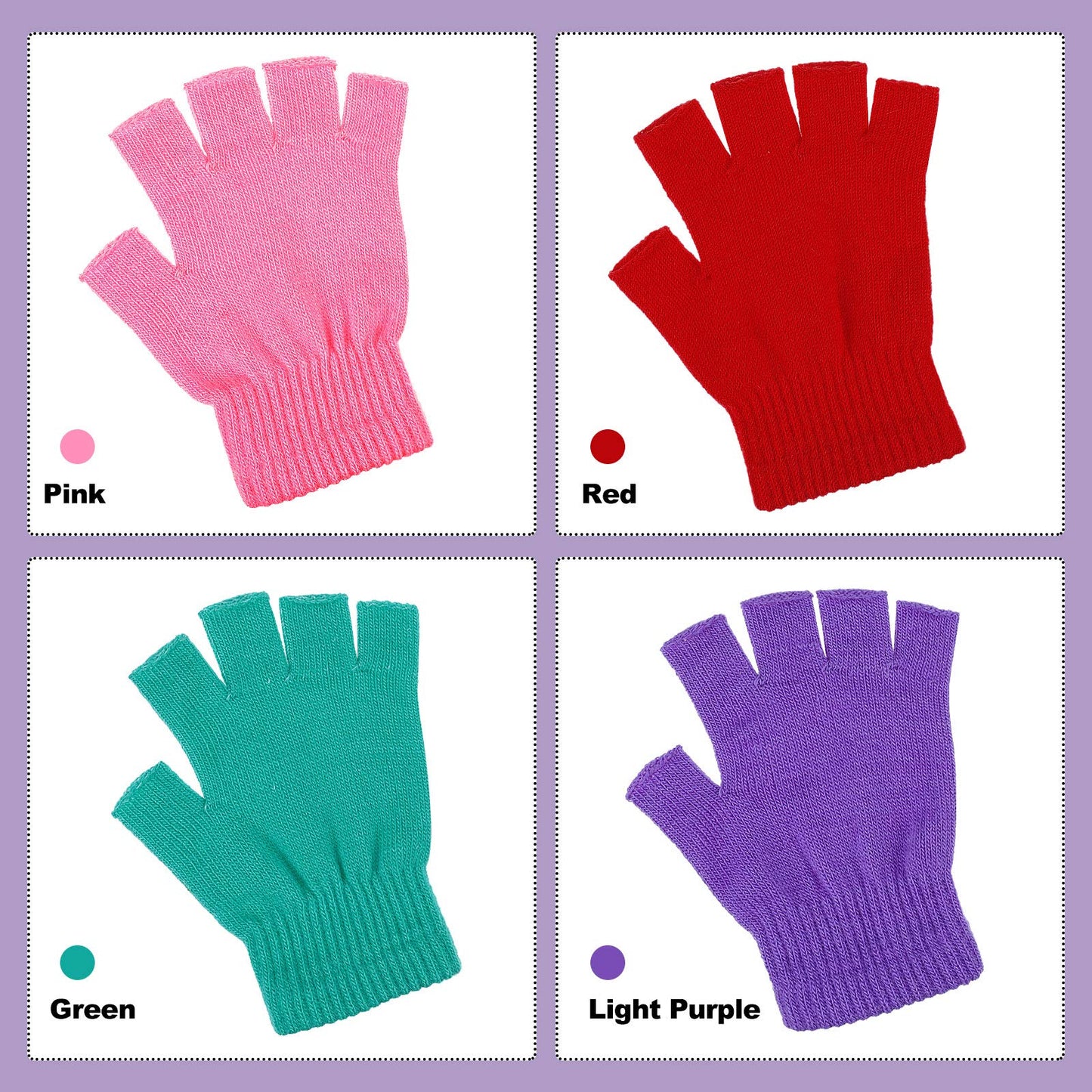 Bememo 4 Pairs Fingerless Gloves Half Finger Mittens Winter Solid Color Knitted Typing Gloves for Boys and Girls (Pink, Red, Green, Light Purple)