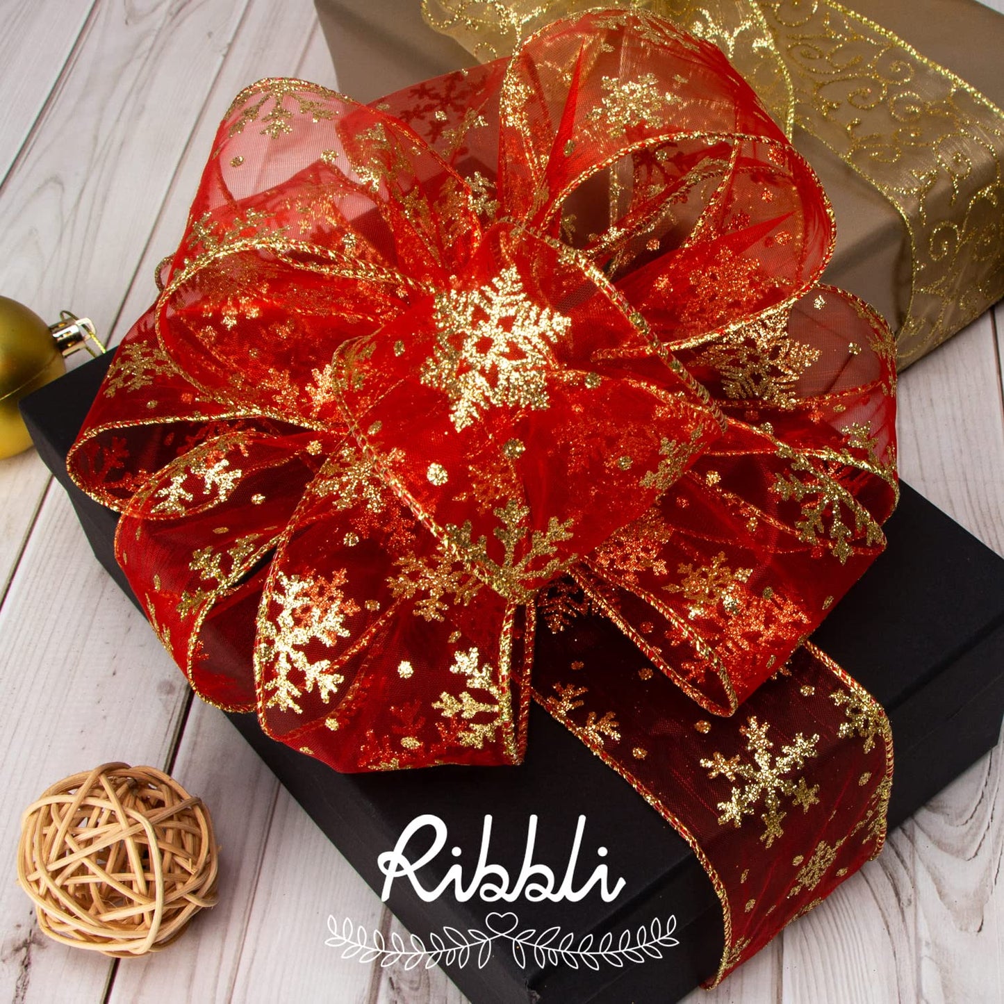 Ribbli Snowflake Glitter Wired Ribbon, Red Organza Sheer with Gold Glitter Snowflake Pattern and Iridescent Metallic Edge,2-1/2 Inch x 10Yards Christmas Ribbon for Tree Decoration