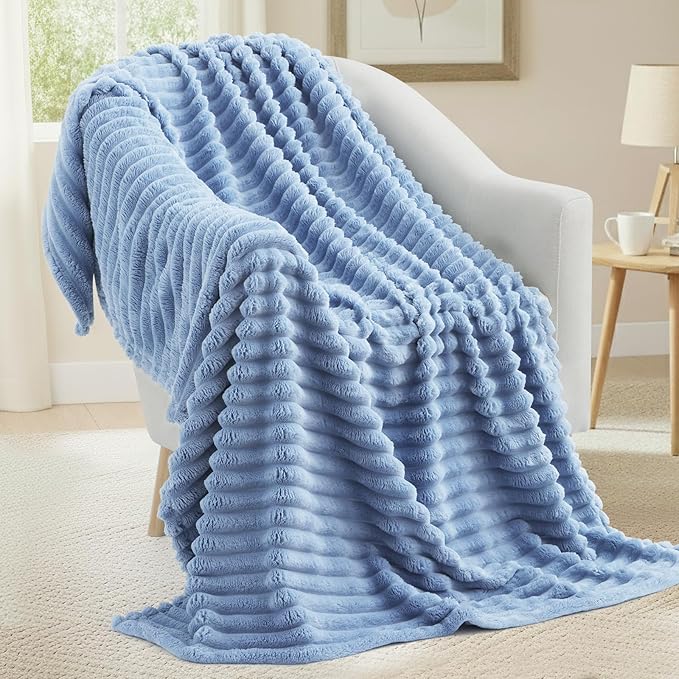decorUhome Soft Fleece Blue Grey Blanket Queen Size for Bed, Cozy Fluffy Plush Flannel Large Striped Throws for Couch Sofa, Lightweight Decorative Fuzzy Blanket for Woman, 90x90 Inches