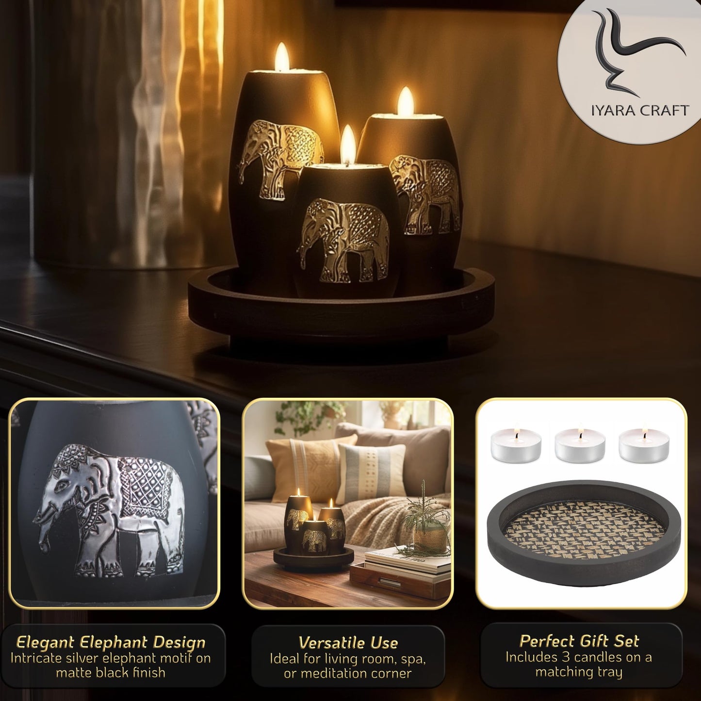IYARA CRAFT Elephant Tealight Candle Holder Set – 3 Handmade Wood Holders with Tray – Elegant Home Decor & Thoughtful Gift for Mother’s Day, Birthday, Housewarming