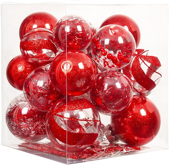 XmasExp 32ct Christmas Ball Ornaments Set -Red Clear Plastic Shatterproof Xmas Tree Ball Decorations Hanging Baubles for Holiday Decor