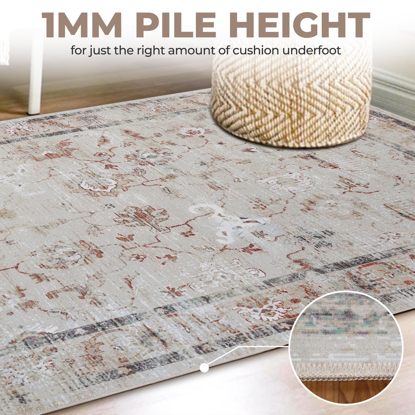 Superior Floral Scroll Washable Runner Rug, Cotton Backing, Carpet for Dining Table Mud Room, Non-Slip Rug for Hallway, Entry, Kitchen, Low Pile Area Rug, Swan Collection, 5' x 7', Ivory