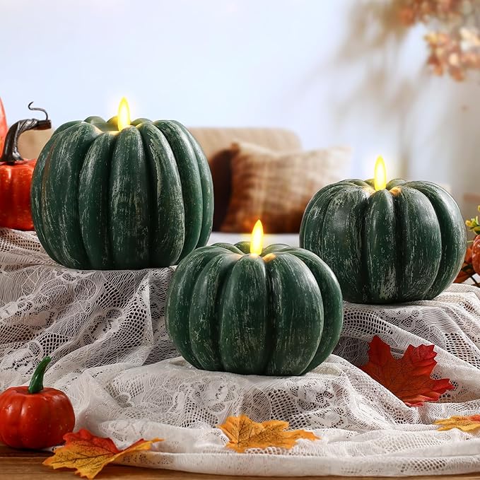 Retisee 3 Pcs Flameless Thanksgiving LED Candle Fall Light up Pumpkin Flameless Candles with Timer Remote Control, 4" 6" h Autumn Farmhouse Rustic Harvest Decor for Home Party(Green)