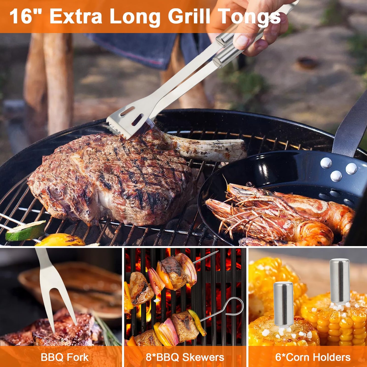 Anpro Grilling Accessories Grill Kit- Grill Set, Grilling Utensil Set, BBQ Accessories, BBQ Kit, BBQ Grill Tools, Grilling Gifts for Father's Day, Smoker, Camping, Kitchen,21 PCS-Standard Silver