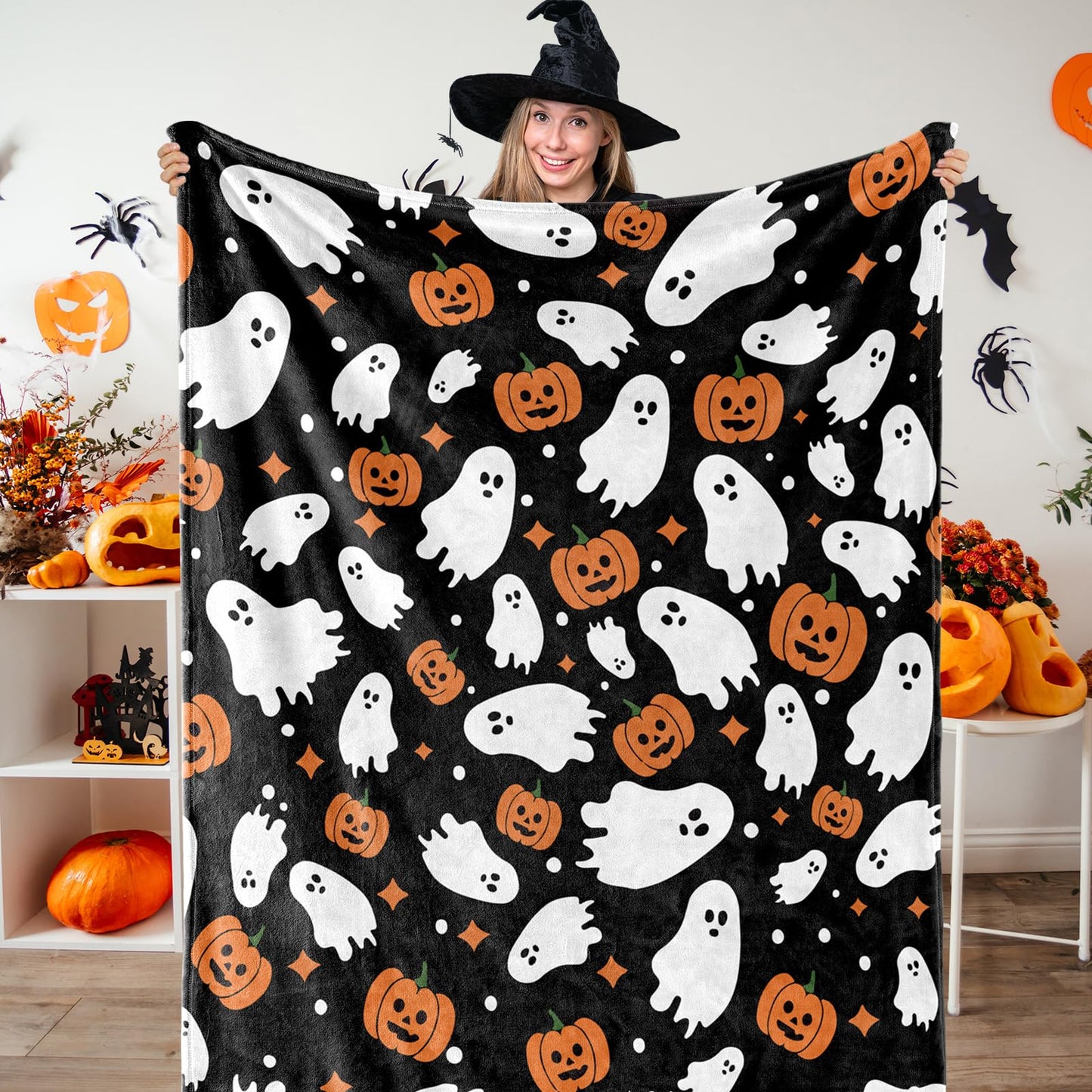 JarThenaAMCS Halloween Fuzzy Flannel Blanket 60 x 50 Inch Ghost Pumpkin Throw Blanket Black Soft Blanket for Farmhouse Home Chair Sofa Couch Bed