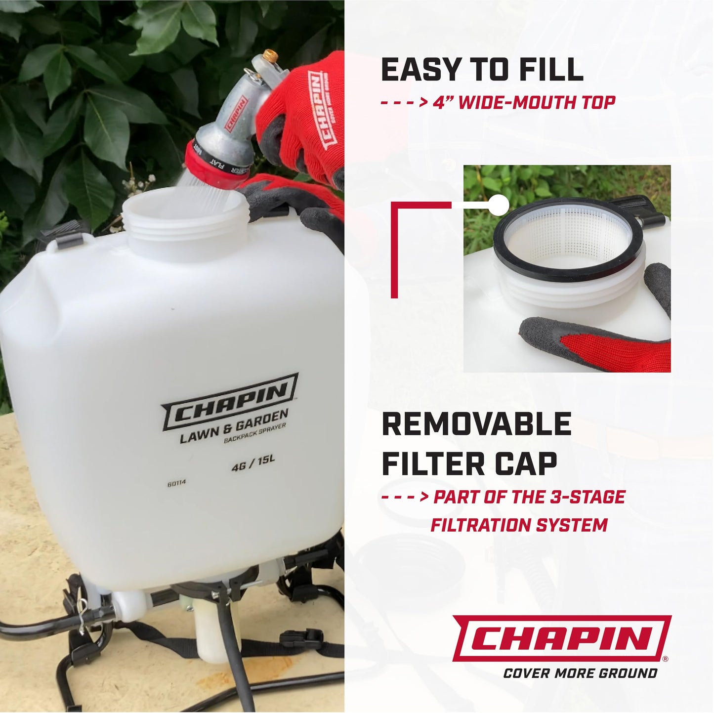 Chapin 60114 Made in USA 4-Gallon Backpack Sprayer with 3-Stage Filtration System Pump Pressured Sprayer, for Spraying Plants, Garden Watering, Lawns, Weeds and Pests, Translucent White