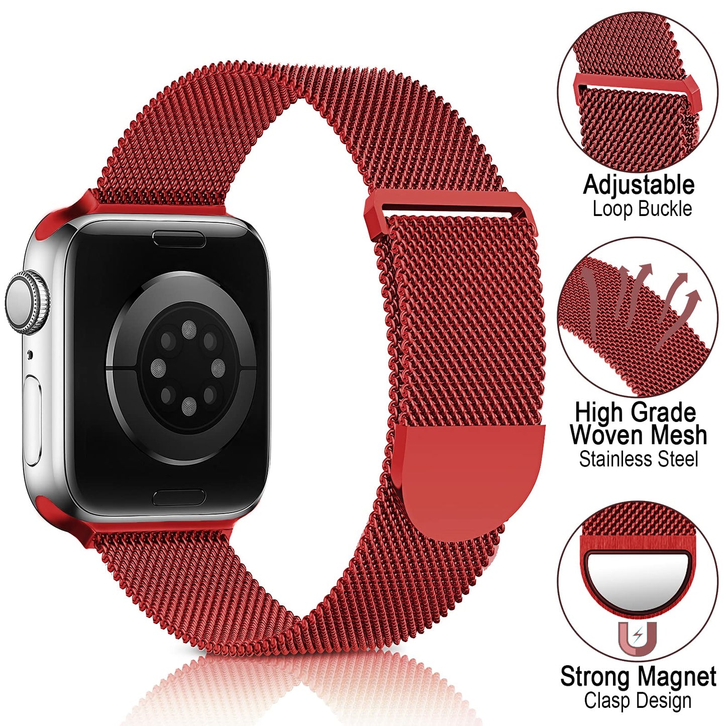 Sunnywoo Metal Stainless Steel Band Compatible with Apple Watch Bands 38mm 40mm 42mm 44mm,Red Loop Adjustable Strap Magnetic Replacement Wristband for iWatch Series 6 5 4 3 2 1 SE for Women Men