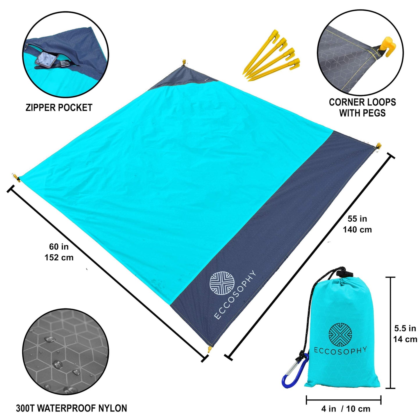 ECCOSOPHY 60x55" Blue Waterproof Compact Pocket Beach Blanket