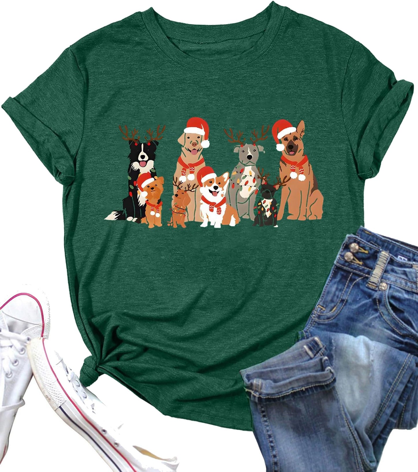 MQSVPUT Christmas Dog Graphic Tshirt Women Cute Xmas Dog Lover Shirts Holiday Short Sleeve Shirt Tops(A-Green1,XXL)