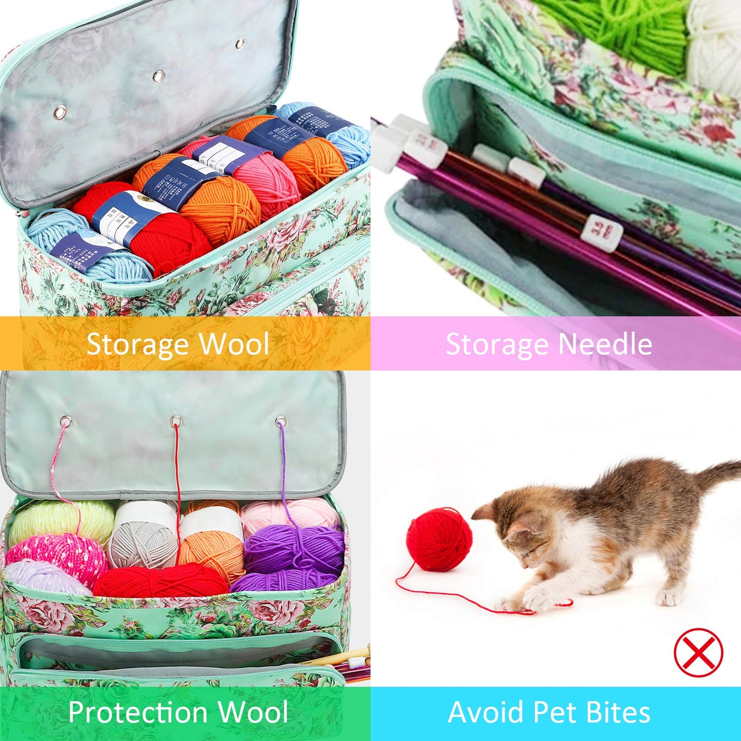 Ousuga Knitting Bag for Yarn & Wool Storage, Portable Crochet Knitting Needles Case & Sewing Tools with Pocket and Holder for Knitting Needles and Tools