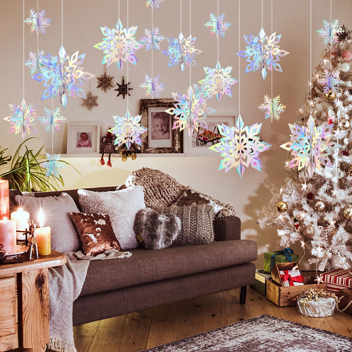 24PCS Snowflake Christmas Decorations, 3D Large Iridescent Paper Snowflakes Garland Hanging Snow Flakes for Winter Wonderland Christmas Party Decorations Holiday New Year Home Decor, Holographic
